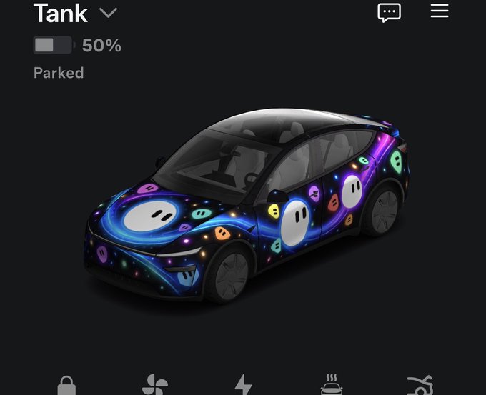 A smartphone app interface displays a Tesla vehicle named 'Tank' showing 50% battery and 'Parked' status, with the car featuring a custom neon and smiley face skin.