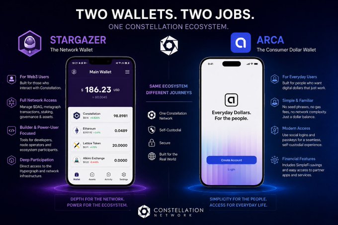 The image shows two different wallets, one being a Stargazer Wallet designed for users of @Conste11ation themselves, and another wallet called @arca_wallet created specifically for consumers who want to use the @Conste11ation platform. The post explains that these wallets cater to different needs based on whether they are used by individuals or businesses.