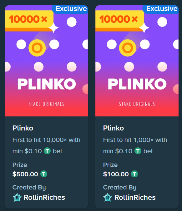 Two Plinko tournaments by "RollinRiches" are displayed, both requiring a min $0.10 bet but offering different multipliers and prizes—10,000x for $500 and 1,000x for $100—aligning with the post's promotion of being first to hit a 10,000x on Stake Plinko to win $500.