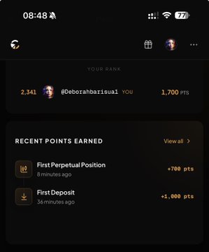 A mobile app screenshot shows a leaderboard ranking with user '@Deborahborisua1' in 2,341st place with 1,700 points, along with recent points earned from a 'First Perpetual Position' and 'First Deposit'.