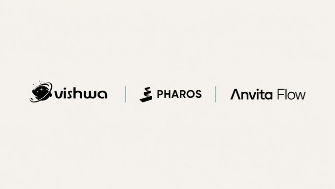 A minimal white background displaying three company logos in a row: 'Vishwa' with a planet icon, 'PHAROS', and 'Anvita Flow'.