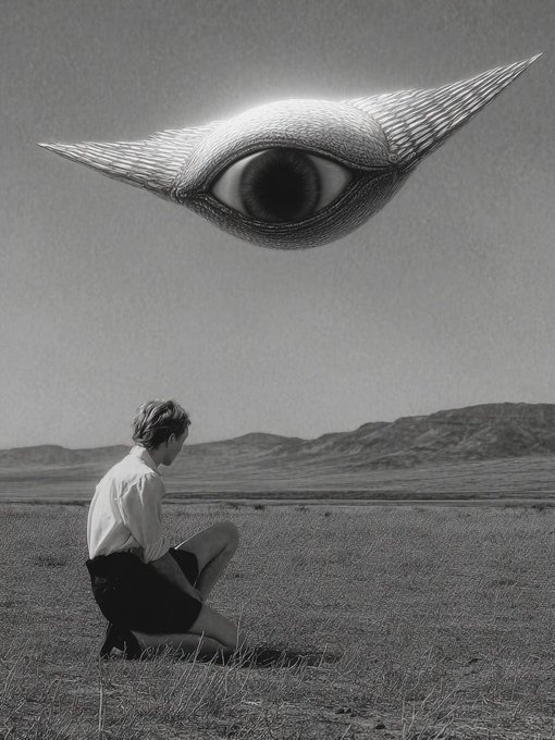 A surreal black-and-white artwork shows a person sitting in a barren landscape while a giant floating eye-like shape hovers ominously in the sky above them.
