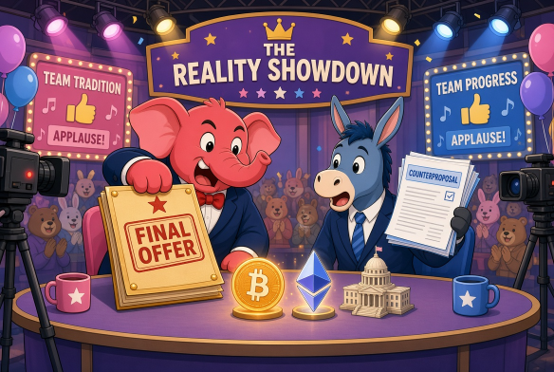 A colorful cartoon illustration depicting 'THE REALITY SHOWDOWN' with an elephant and donkey in suits debating over a 'FINAL OFFER' and a 'COUNTERPROPOSAL,' surrounded by symbols including Bitcoin, Ethereum, and the Capitol building.