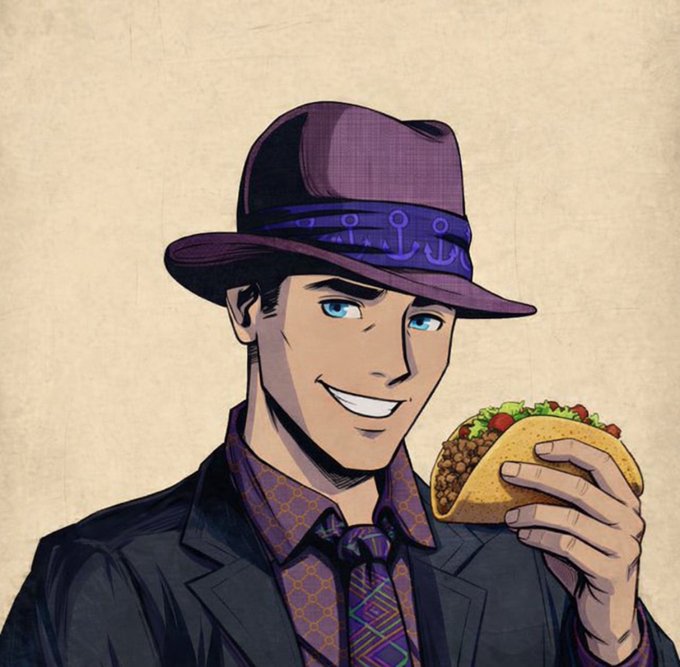 A cartoon-style man wearing a purple fedora with anchor patterns, a patterned shirt, and a dark suit jacket smiles while holding a taco filled with meat, lettuce, and tomatoes, perfectly illustrating the "GM & Happy Taco Tuesday" message.