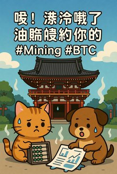 A cartoon illustration of a cat and dog looking sad with an abacus and papers in front of a Chinese temple, with Chinese text and hashtags '#Mining #BTC' about scams.