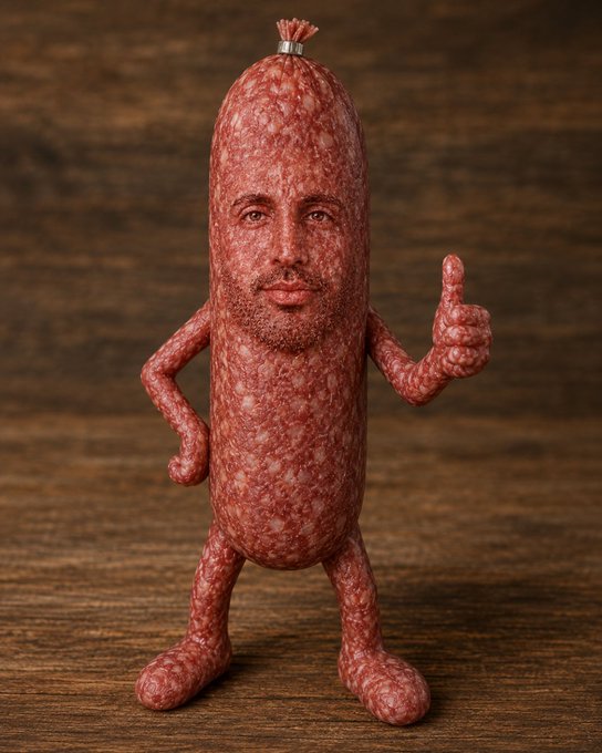 The image features a cartoon-like depiction of a sausage, which appears to be made out of ketchup or another type of sauce. The sausage has a face with two eyes and a mouth, giving it a human-like appearance. It is standing upright on its hind legs, as if posing for the camera. The background consists of a wooden surface, providing a rustic feel to the scene. In the image, there are also some words written in the corner that read "kyle salami has an opinion on hyperliquid".