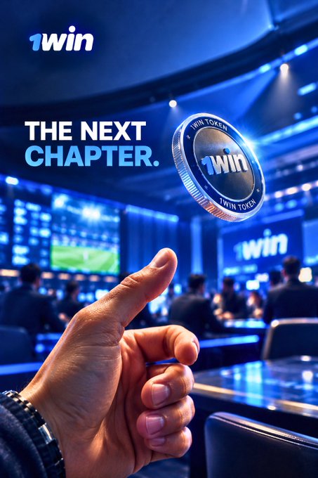 A hand reaches toward a floating silver 1WIN Token coin in a blue-lit gaming arena, with the text "THE NEXT CHAPTER." alongside the 1WIN logo, visually teasing the upcoming launch of the $1WIN Token as the "new player at the table."