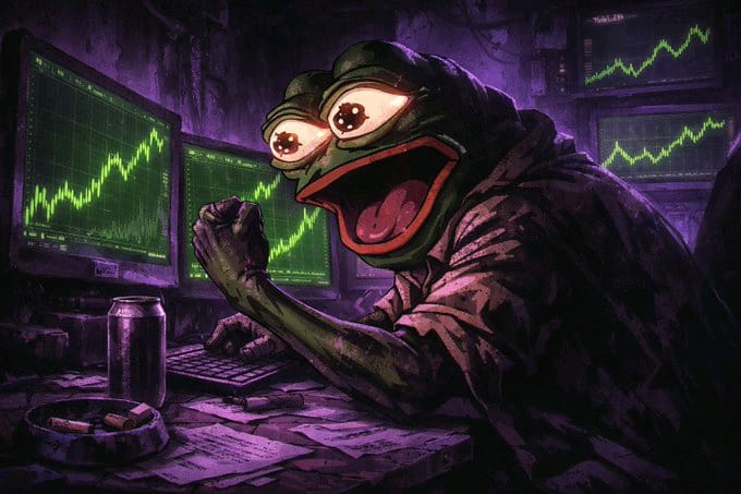 A Pepe the Frog character wearing a hoodie sits at a desk with multiple monitors displaying green trading charts, with an energy drink and an ashtray nearby.