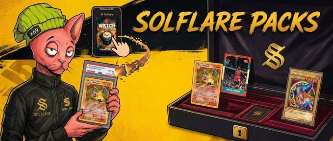 A promotional banner advertises 'SOLFLARE PACKS' featuring a hairless cat mascot in a green beanie and 'SOLFLARE' jacket holding Pokémon trading cards, including a rare Solgaleo card.