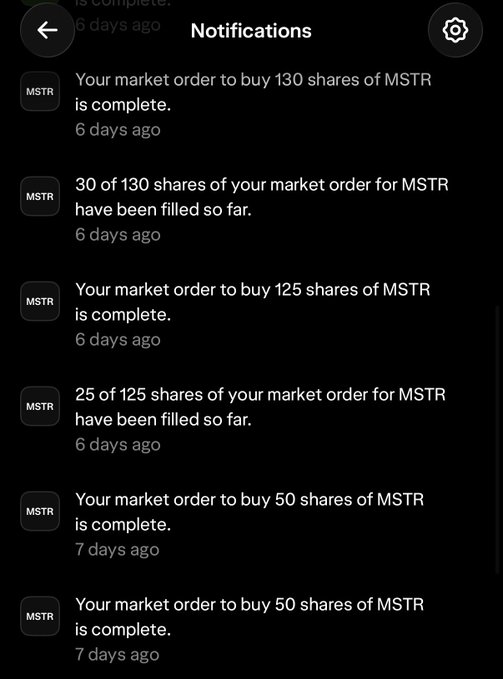 A mobile notifications screen showing multiple completed market order notifications to buy shares of MSTR (MicroStrategy) at different quantities over the past 6-7 days.
