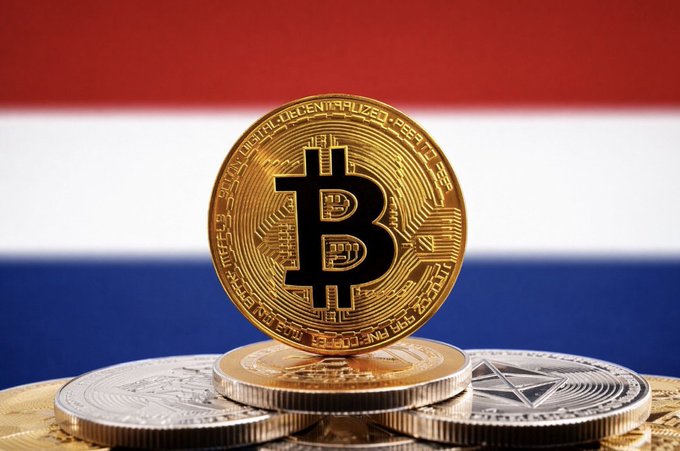 A gold Bitcoin token and other cryptocurrencies sit atop a blurred Netherlands flag, symbolizing the country's proposed tax reforms that would continue taxing crypto on unrealized gains through 2029 before shifting to a realization-based system in 2030.