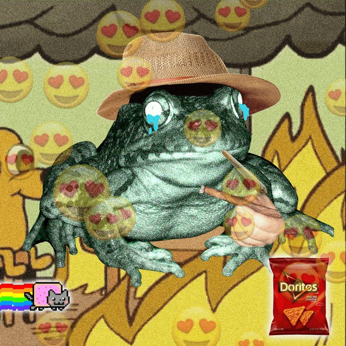 An internet meme collage featuring Pepe wearing a safari hat and crying, smoking a pipe, surrounded by heart-eyes emojis, flames, an Nyan cat, and a bag of Doritos nacho chips.