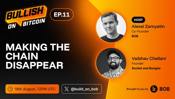Promotional graphic for 'BULLISH ON BITCOIN EP.11' titled 'MAKING THE CHAIN DISAPPEAR' featuring host Alexei Zamyatin (Co-Founder BOB) and guest Vaibhav Chellani (Founder Socket and Bungee), airing 18th August at 12PM UTC on X (@build_on_bob).
