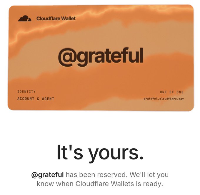 A Cloudflare Wallet digital card design with an orange cloudy sky background, displaying the username "@grateful" and the text "It's yours. @grateful has been reserved."