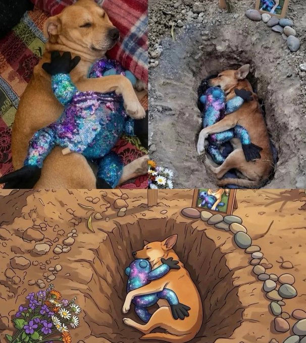 A collage showing a dog hugging a sparkly mermaid plush toy on a bed, the same dog cuddling the toy in a dug-out grave, and an artistic illustration recreating the grave scene.