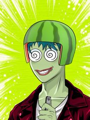 A green-skinned cartoon character wearing a watermelon-themed helmet with swirly hypnotized eyes smiles while holding a pen, seemingly under the "spotlight" of a giveaway post for @DorianPepentice and @kingjackson_eth requesting engagement to win an EVM address reward.