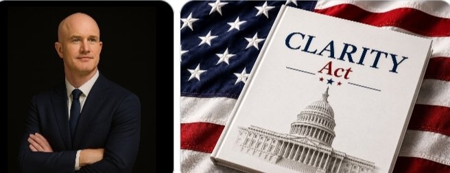 A man in a suit stands beside a book labeled "CLARITY Act" with a U.S. flag and Capitol building in the background, illustrating Coinbase CEO Brian Armstrong's statement about potential Senate advancement of the Clarity Act on September 15 for U.S. crypto regulation.