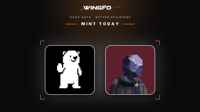 A dark “WINGFO — Good Data, Better Decisions — Mint Today” graphic highlights two NFT mints, featuring a pixelated white bear and a pixel-art hooded character. The post identifies the projects as @conso_xyz and @votariesxyz by @frac314, both with a supply of 5,555; Conso is shown as a free mint claimed at conso.xyz/bots.