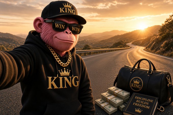 An AI-generated image shows a pink monkey wearing sunglasses, a black 'KING' cap and 'KING' hoodie, with gold chains, next to a duffel bag of cash and a 'DISCIPLINE BUILDS FREEDOM' book on a mountain road at sunset.