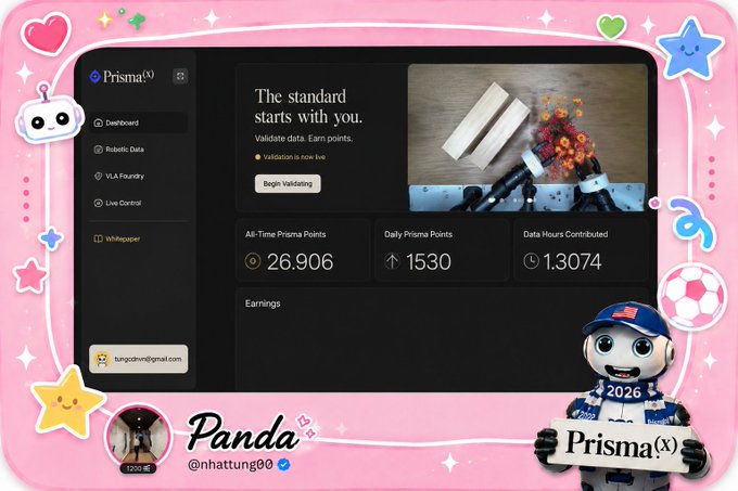 A dashboard for 'Prisma(x)' displays validation statistics including 26.906 All-Time Prisma Points, 1530 Daily Prisma Points, and 1.3074 Data Hours Contributed, framed by cute pink and colorful decorative elements.