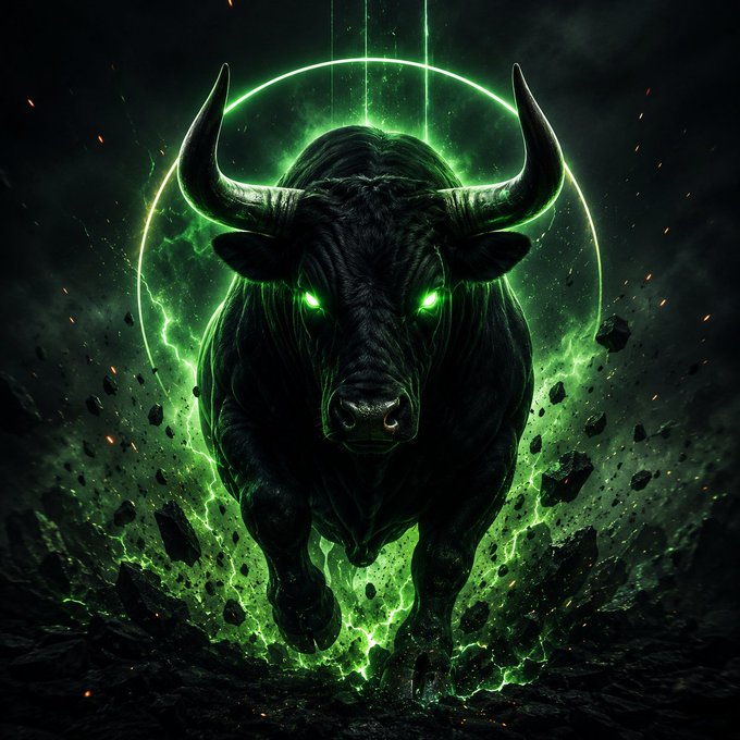 A menacing black bull with glowing green eyes charges forward, surrounded by green lightning, a glowing halo, and floating debris in a dark, dramatic scene.