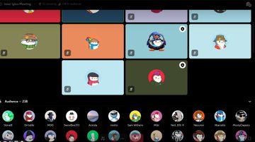 A mobile view of the 'Inner Igloo Meeting' voice chat showing speaker tiles at the top and an audience of 238 members below.