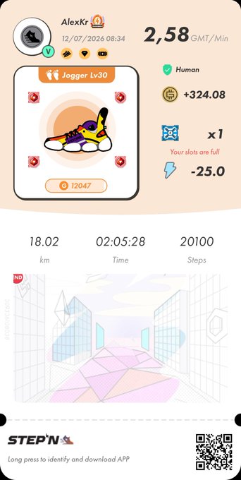 A STEPN app screenshot showing user 'AlexKr' with a 'Jogger Lv.30' sneaker NFT, displaying stats of 18.02 km, 02:05:28 time, 20100 steps, and 2.58 GMT/Min earning rate.