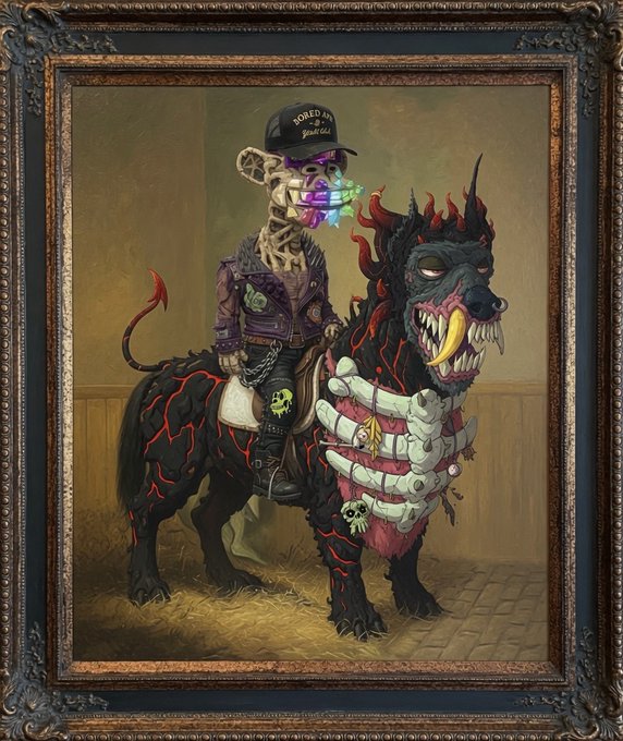 A framed dark fantasy artwork depicting a skeleton wearing a "BORED APE" cap with rainbow teeth riding a menacing, flaming demonic creature.