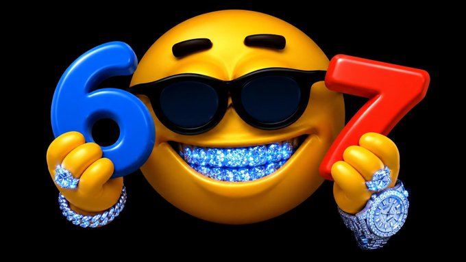 A 3D-rendered yellow emoji wearing sunglasses and diamond-encrusted grills and watch, holding up a blue '6' and red '7' against a black background.