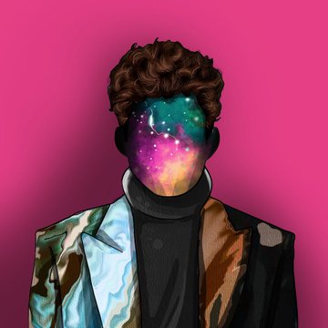 A digital illustration of a figure with curly brown hair wearing a shiny multicolored jacket and black turtleneck, whose face is replaced by a colorful cosmic nebula, set against a pink background.
