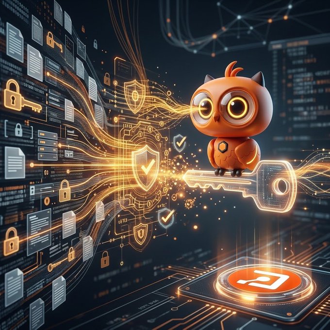 A 3D-rendered digital illustration of an orange owl mascot sitting on a glowing key, surrounded by security shields, padlocks, and data documents in a futuristic cyber environment.