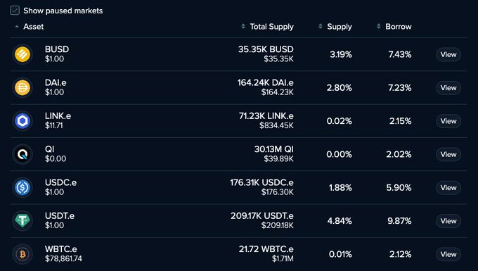 A screenshot of a cryptocurrency lending market dashboard showing assets including BUSD, DAI.e, LINK.e, QI, USDC.e, USDT.e, and WBTC.e, with their respective total supply, supply APY, and borrow APY percentages.