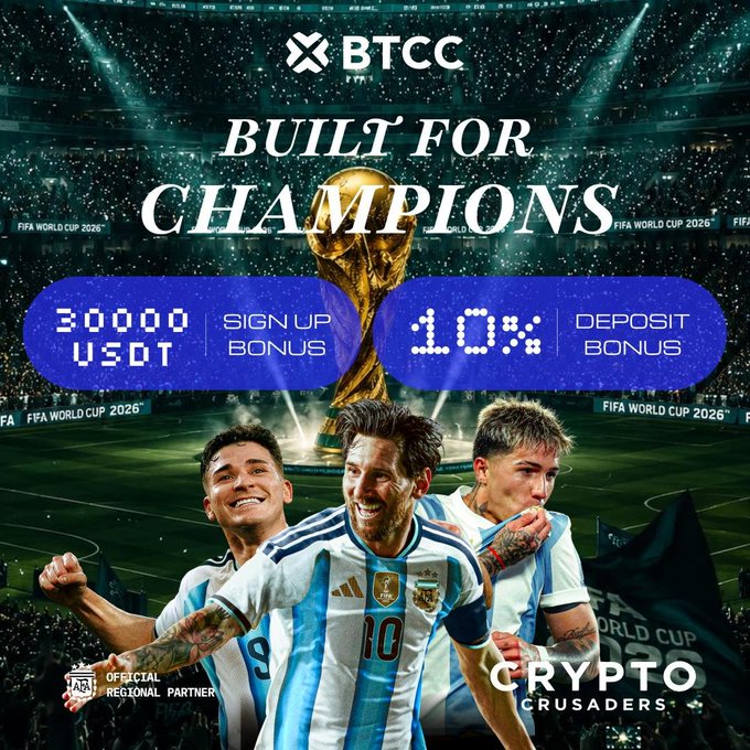 A promotional image from BTCC exchange featuring Argentine players including Messi (#10) celebrating, with the World Cup trophy and stadium backdrop, advertising "BUILT FOR CHAMPIONS" offers of a 30000 USDT sign-up bonus and 10% deposit bonus, tied to BTCC's sponsorship of Argentina's national football team ahead of the FIFA World Cup 2026 finals.