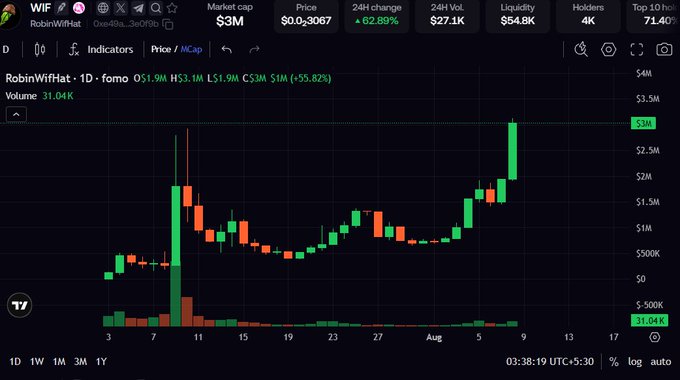 A cryptocurrency price chart for "WIF" (RobinWifHat) on Robinhood Chain, showing a market cap of "$3M", price of "$0.03087", with a 24H change of "+62.89%", 24H volume of "$27.1K", and liquidity of "$54.8K".