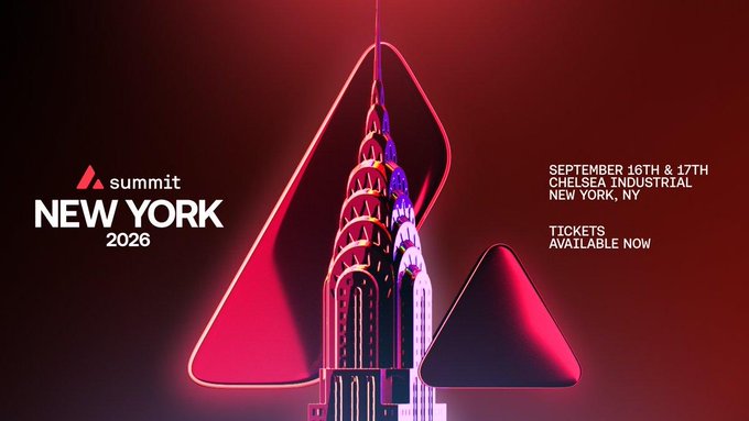 Promotional graphic for the "Summit New York 2026" event, featuring a stylized, neon-lit rendering of the Chrysler Building enclosed within a glowing red triangular frame, with details listing the dates as September 16th & 17th at Chelsea Industrial in New York, NY, and noting that tickets are available now. The image visually reinforces the post's announcement by branding the NYC event with the summit's geometric triangular motif against a dramatic red and black backdrop.