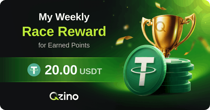 An advertisement for 'Ozino' displaying a 'Weekly Race Reward for Earned Points' of 20.00 USDT, featuring a golden trophy and a stack of Tether (USDT) coins.