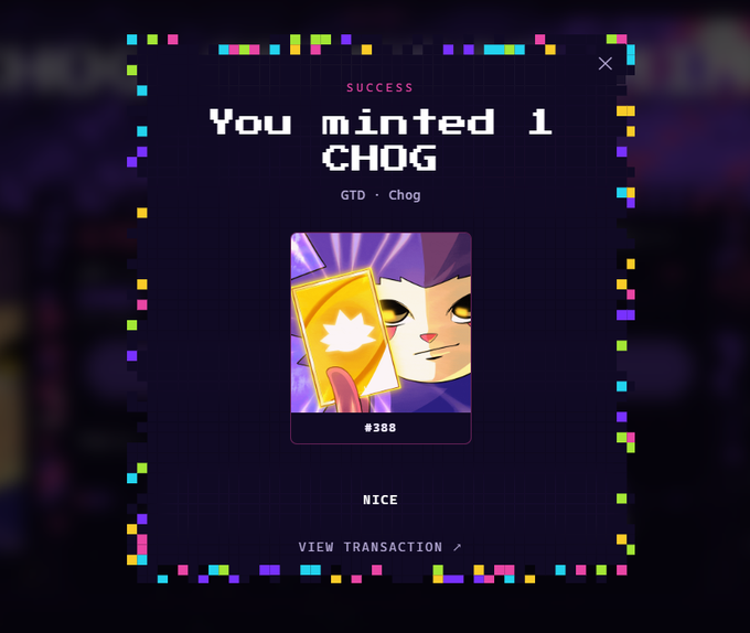 A digital interface showing a successful transaction with the text 'SUCCESS', 'You minted 1 CHOG', and 'GTD · Chog' above an NFT image of a purple cat character holding a gold card, numbered '#388'.