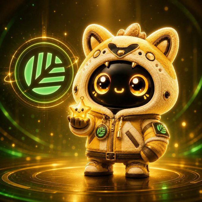 A 3D-rendered cute mascot character in a yellow spacesuit-like outfit with cat ears, holding a small star, standing next to a glowing green leaf-like emblem on a golden background.