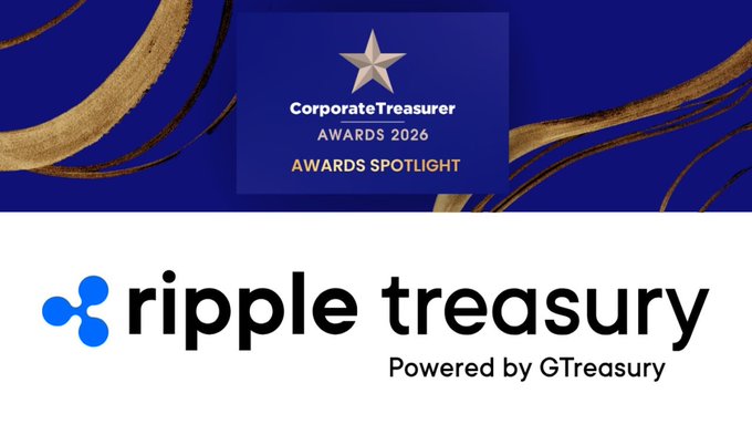 The image is a Corporate Treasurer Awards 2026 spotlight banner featuring the Ripple Treasury logo (powered by GTreasury), celebrating Ripple Treasury's dual win as Best TMS Provider in both the APAC and Middle East regions at the 2026 Corporate Treasurer Awards.