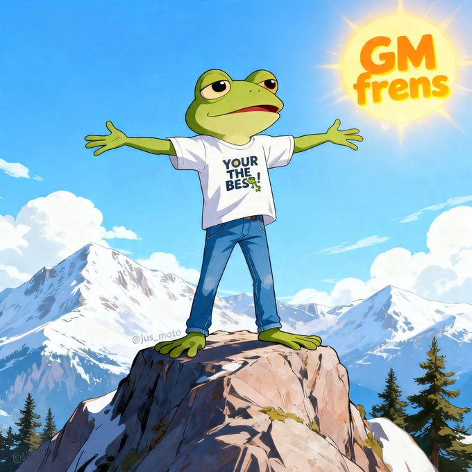 A cartoon Pepe the Frog stands triumphantly on a mountain peak wearing a 'YOUR THE BEST!' t-shirt, with 'GM frens' written in the sun above.