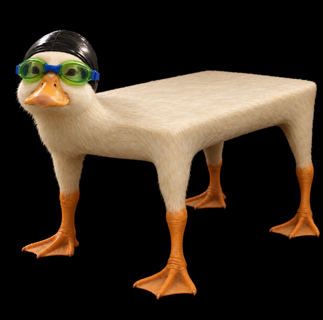 A surreal novelty table shaped like a white duck/goose with an orange beak and webbed feet, wearing a black swim cap and green/blue swimming goggles on its head.