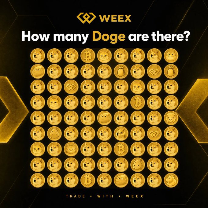 The image features a black background with gold circles containing various Doge coins, including a total of 14 Doge coins displayed. The text "How many Doge are there?" is written above the circles, prompting viewers to determine the number of Doge coins present in the image.