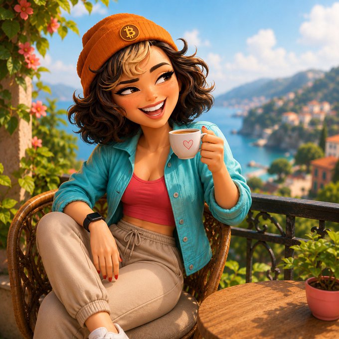 A stylized cartoon illustration of a cheerful young woman wearing a Bitcoin-logo orange beanie, blue jacket, and pink top, holding a coffee cup on a Mediterranean-style balcony overlooking the sea.