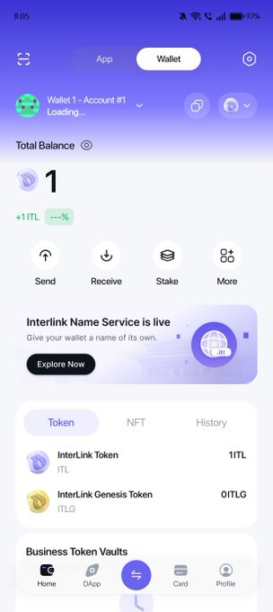 Mobile crypto wallet app (Interlink) showing a Total Balance of 1 ITL (+1 ITL) with options to Send, Receive, Stake, and More.