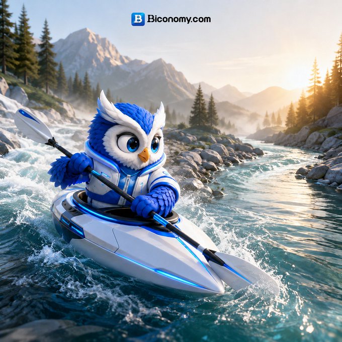 A blue-and-white cartoon owl mascot in a sleek kayak paddles through rushing river rapids, embodying the post's "keep paddling forward" message of resilience amid crypto market currents. The watermark "Biconomy.com" appears at the top, tying the adventurous scene to the brand's GM (good morning) crypto trading mantra.
