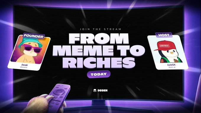 The image features a television screen with two cartoon characters wearing sunglasses and hats, one of which is holding a remote control. The text displayed on the screen reads "From meme to riches today! Join the stream now at 11 AM EST!" This suggests that there might be an event or discussion related to memes and their potential financial value taking place in real-time.