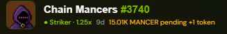The image shows a "Chain Mancers #3740" NFT card featuring a hooded character, displaying attributes "Striker", "125x", "9d", and "15.01K MANCER pending +1 token". This relates to the post by highlighting the NFT's pending earnings of 15K $MANCER tokens, which the user is actively accumulating while holding the NFT.