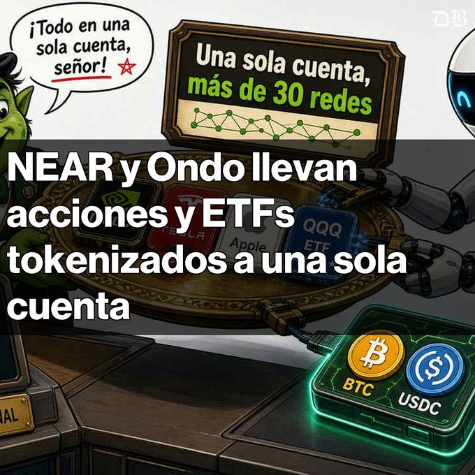 A Spanish tech graphic reads "NEAR y Ondo llevan acciones y ETFs tokenizados a una sola cuenta," featuring an ogre character and a sign stating "Una sola cuenta, más de 30 redes."