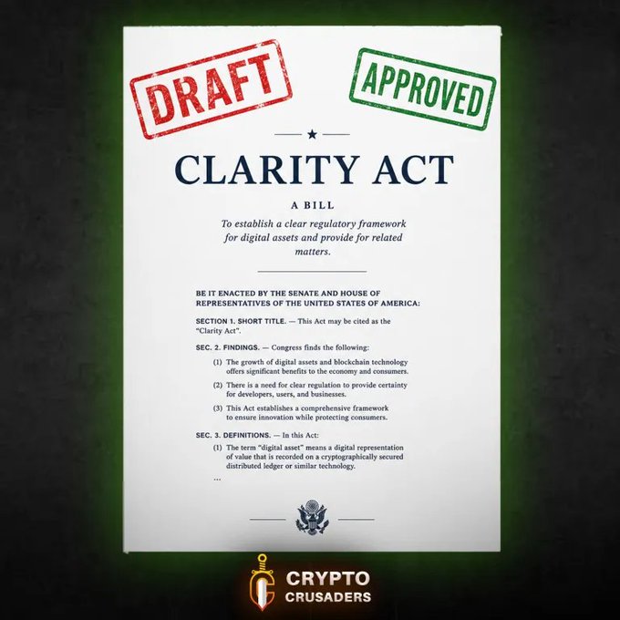A document titled 'CLARITY ACT' aimed at establishing a regulatory framework for digital assets, stamped with 'DRAFT' in red and 'APPROVED' in green, branded with 'CRYPTO CRUSADERS' at the bottom.