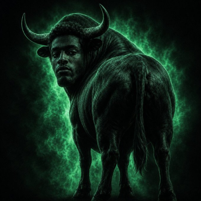 A dark, surreal digital artwork featuring a centaur-like creature with a human head and bull's body, set against a green misty background.